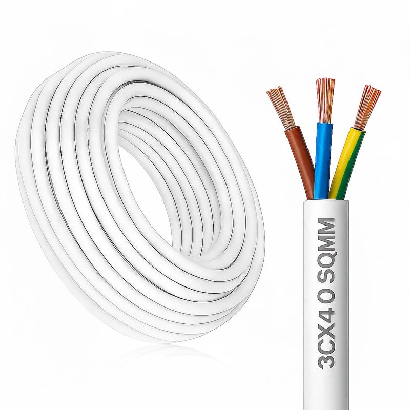 سلك U.E المرن – 3 نواة × 4.0 مم² – 70°C – H05VV-F 100% نحاس – أبيض – صنع في تركيا – كابل كهربائي متين (3 متر) - Image 1