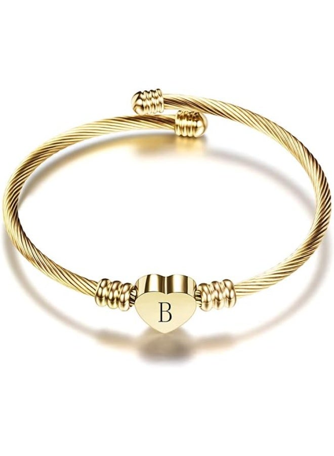 Gold Plated Stainless Steel Bracelet with Heart-Shaped Letter Charm, Adjustable Birthday Jewelry Gift for Girls, Daughter, Sister (I) - Image 1