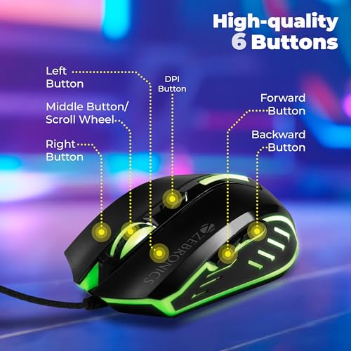 ZEBRONICS سنابر فأرة ألعاب سلكية عالية الدقة مع 6 أزرار، أضواء LED متعددة الألوان، مفتاح DPI مع 800/1200/1600/2400 DPI، التوصيل والتشغيل، 1 مليون نقرة، فأرة خفيفة بوزن 87 جرام - Image 5