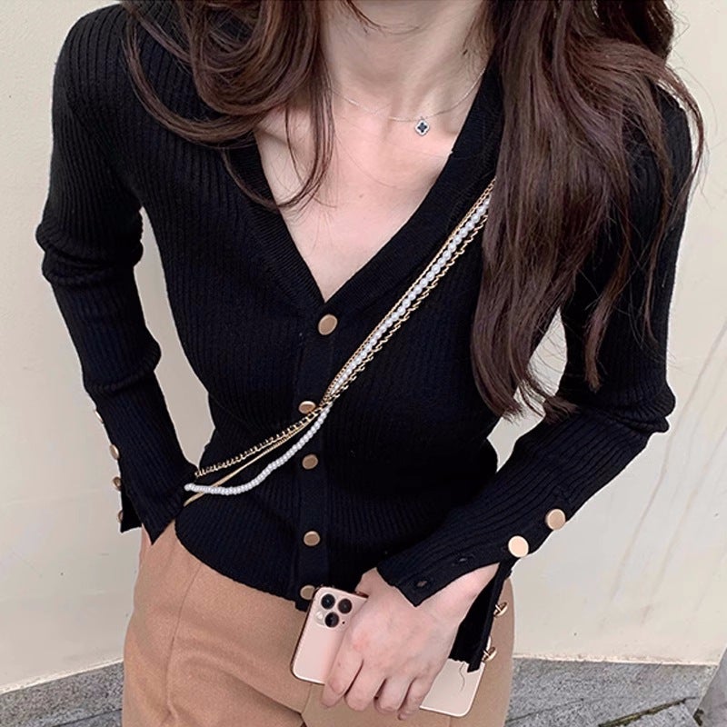 1775V Collar Knitted Bottoming Shirt Women'S Design Sense Of Niche Temperament Waist Sweater Bud Core Yarn - Image 1