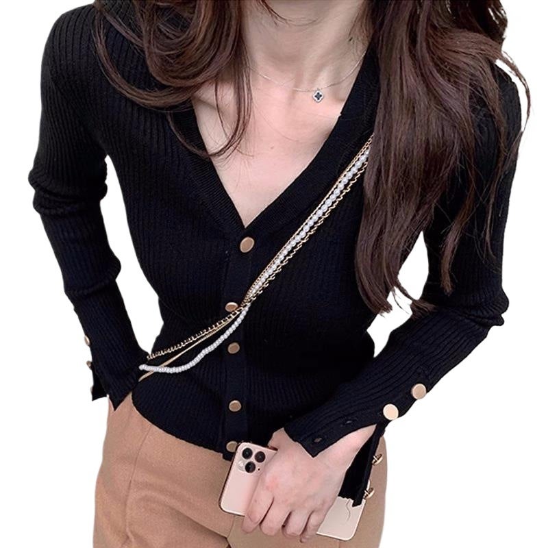 1775V Collar Knitted Bottoming Shirt Women'S Design Sense Of Niche Temperament Waist Sweater Bud Core Yarn - Image 5