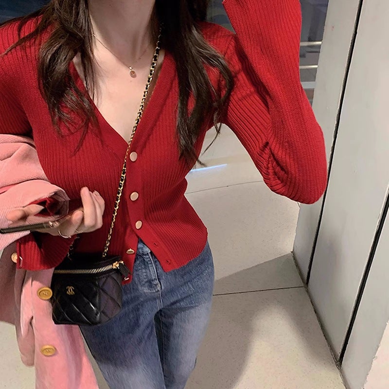 1775V Collar Knitted Bottoming Shirt Women'S Design Sense Of Niche Temperament Waist Sweater Bud Core Yarn - Image 2