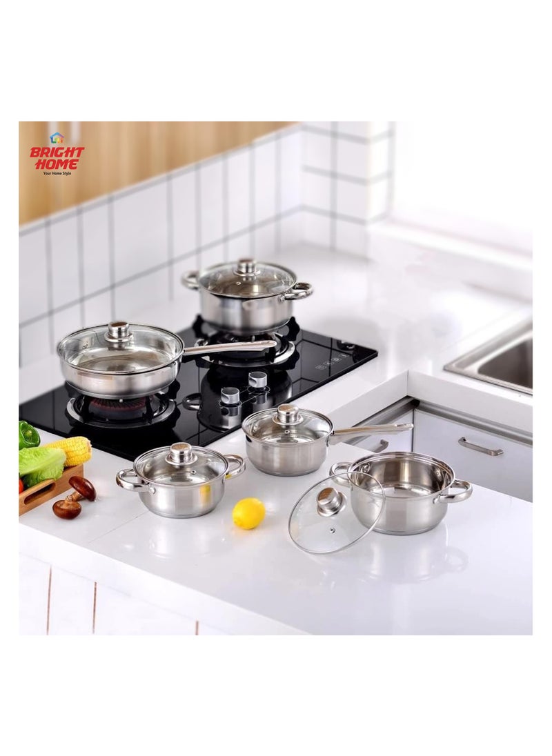 Bright Home - Bright Home 12Pcs Stainless Steel Cookware Set Induction & Gas Stove Friendly Dishwasher Safe Kitchen Cookware Sets with Glass Lid - Image 1