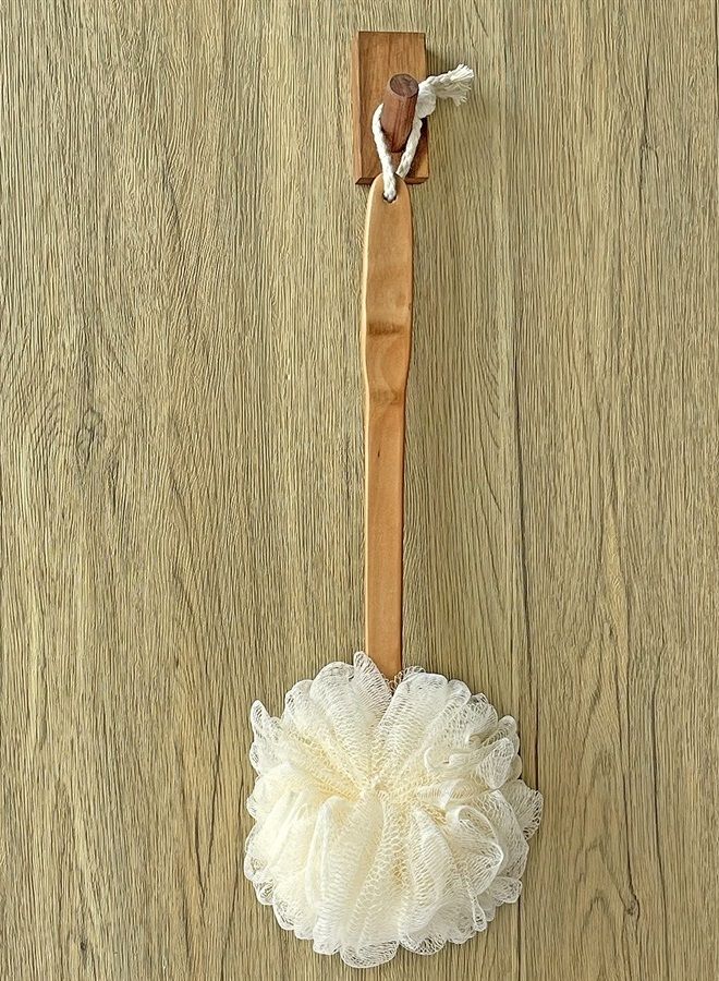 JINS-Hung Shower Loofah Body & Back Scrubber - Exfoliating Loofah luffa Bath Brush On a Stick - with Long Wooden Handle Back Brush for Men & Women - Easy Reach Body Wash & Lotion Applicator（ 2 Pack- White） - Image 1