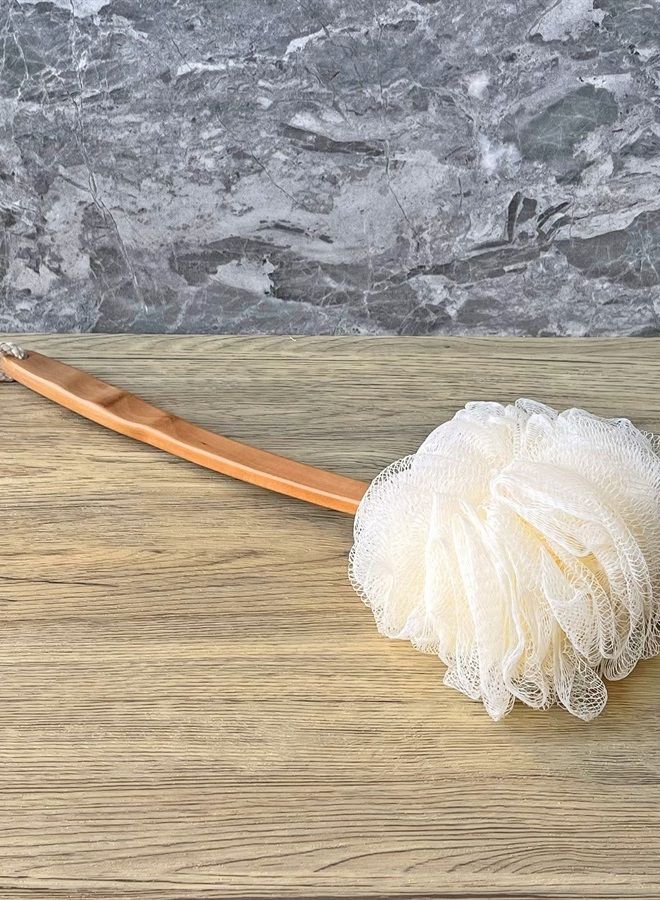 JINS-Hung Shower Loofah Body & Back Scrubber - Exfoliating Loofah luffa Bath Brush On a Stick - with Long Wooden Handle Back Brush for Men & Women - Easy Reach Body Wash & Lotion Applicator（ 2 Pack- White） - Image 2