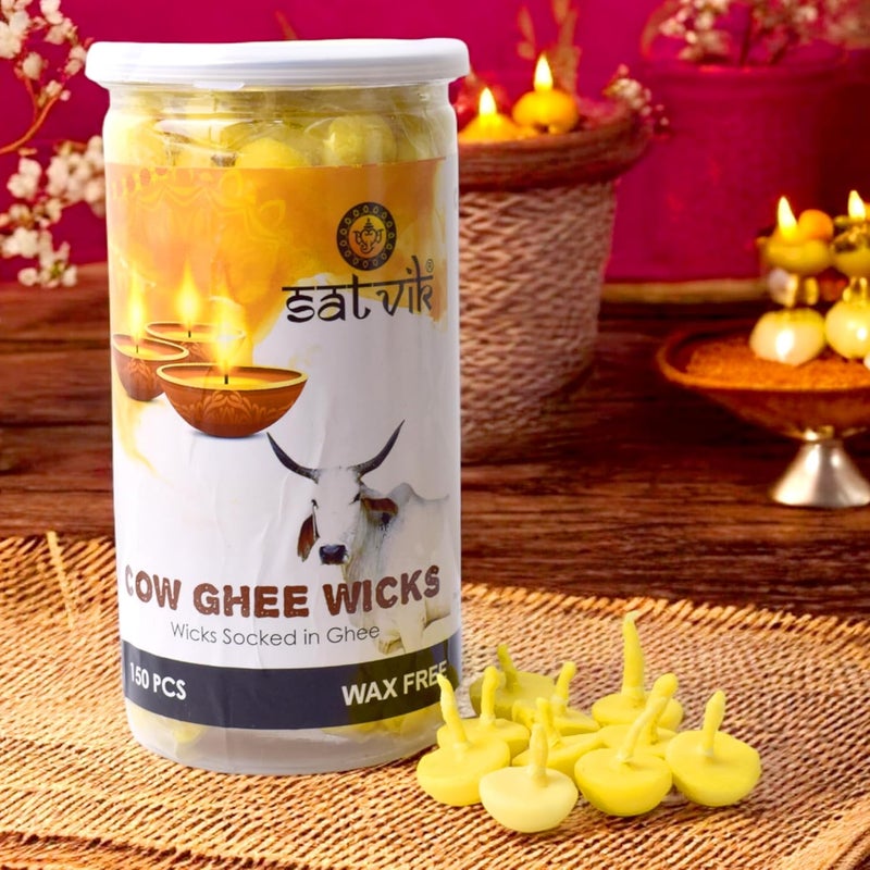 SATVIK 150 Pc Pure Cow Ghee Wicks Cotton Wicks Up to 30mints Burning Time Ideal for Hindu Pooja Wax Free Ghee Batti Jyot Batti Pooja Essentials Cow Ghee Wicks 150 Pc - Image 1