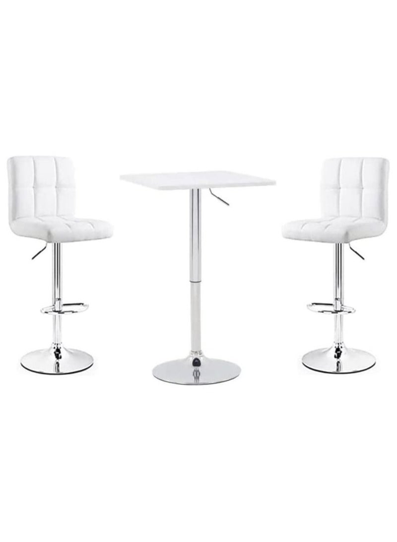 AL WADI FURNITURE 3-Piece Adjustable Square MDF Wood Bar Table Set with 2 Bar Stools for Pub Counter Kitchen Home PU Leather Bar Chairs with Footrest 360°Swivel Perfect for Small Space, White - Image 1