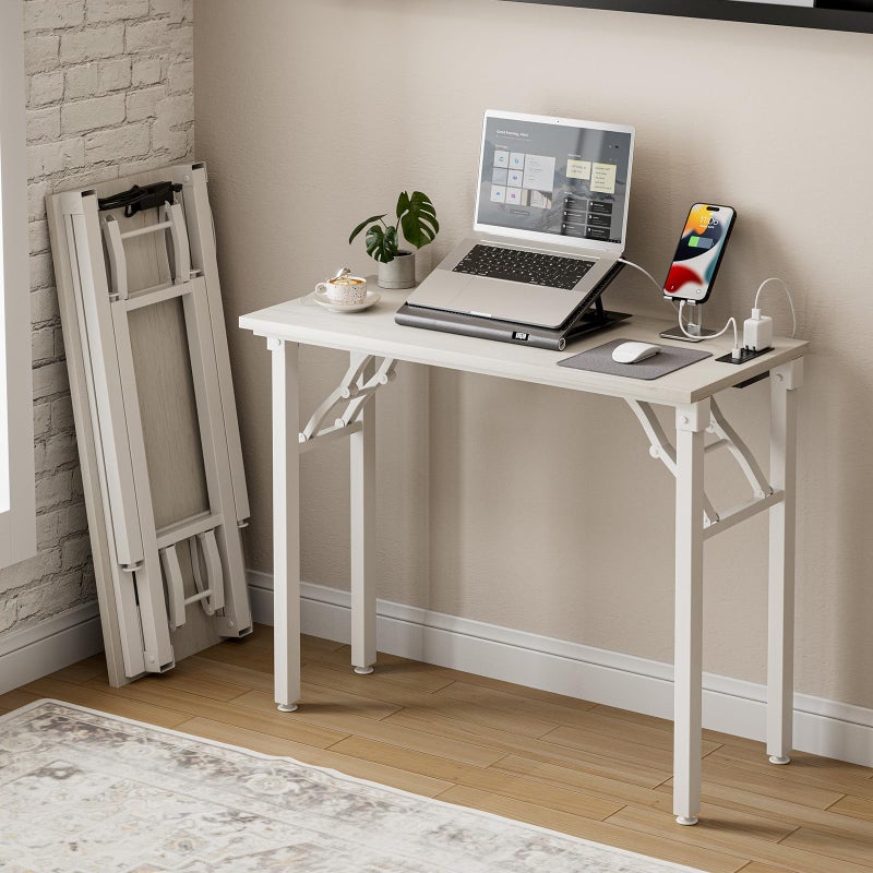 Frylr Small Folding Computer Desk â€“ 35.8 Inch Portable Table for Craft and Study, Lightweight Desk for Small Spaces, Foldable Laptop Table Built-in AC/USB Outlets for Convenience, White Ash - Image 1