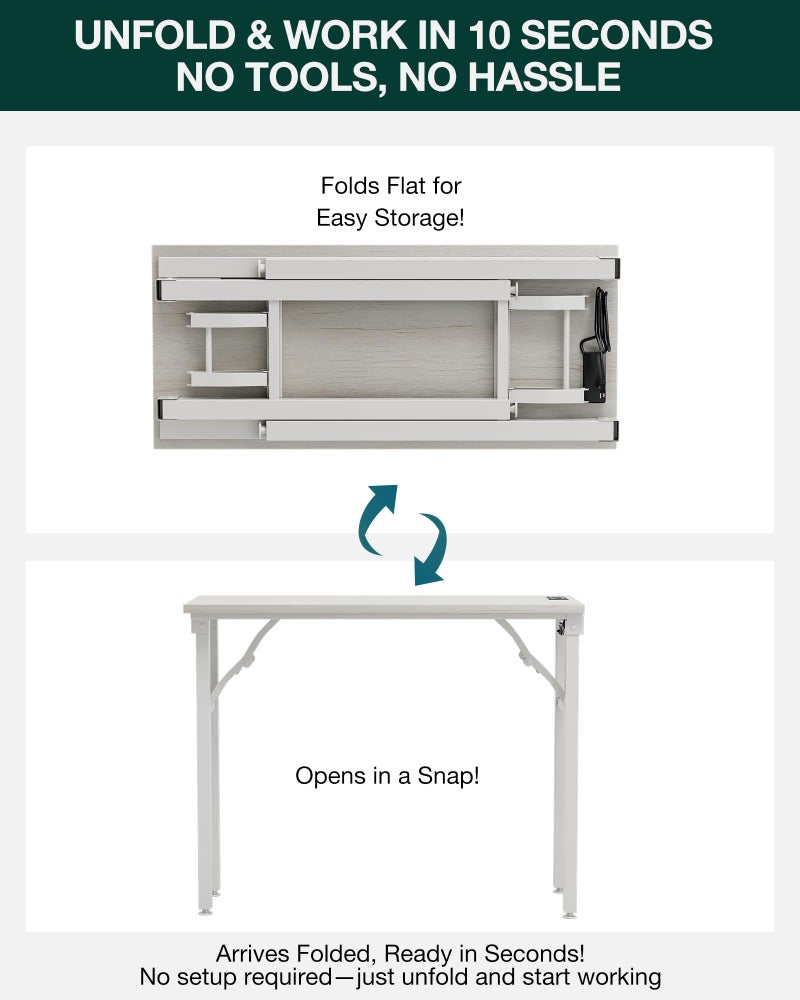 Frylr Small Folding Computer Desk â€“ 35.8 Inch Portable Table for Craft and Study, Lightweight Desk for Small Spaces, Foldable Laptop Table Built-in AC/USB Outlets for Convenience, White Ash - Image 2
