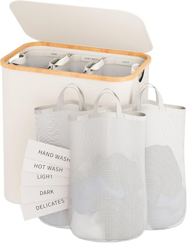Bathola Laundry Hamper with Lid, 160L Dirty Clothes Hamper for Laundry Basket 3 Section, Extra Large Laundry Sorter Hamper 3 Compartment with Removable Inner Bags & Labels, Beige - Image 1