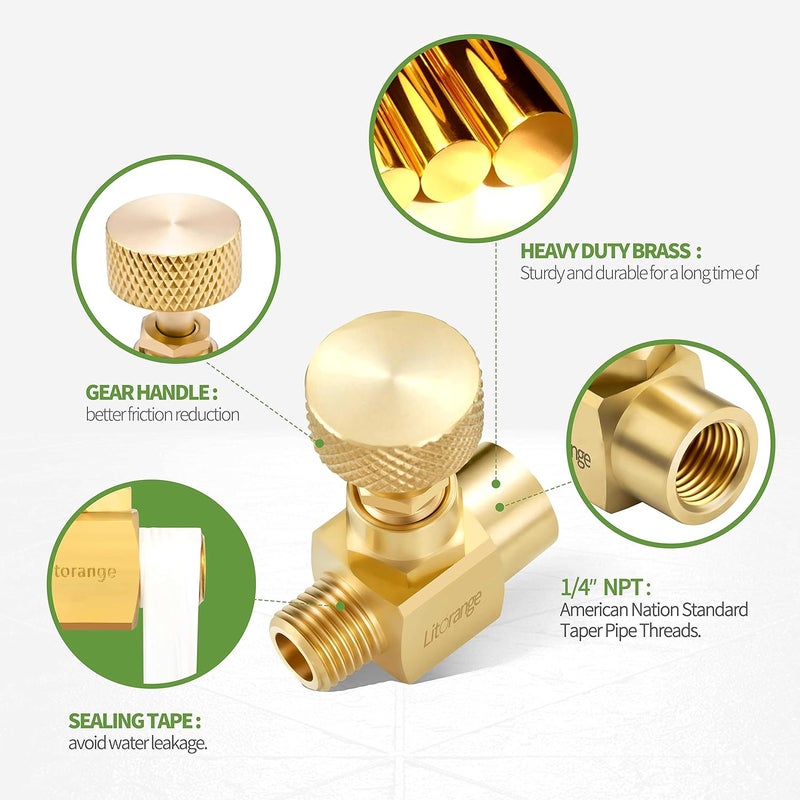 LitOrange عبوة 2 من صمامات التحكم بالإبرة النحاسية الثقيلة البديلة 1/4" ذكر NPT × 1/4" ذكر NPT اتصال - Image 3