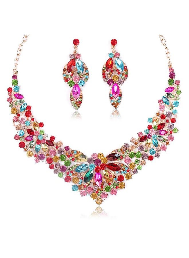 Zthread Women Jewelry Set Rhinestone Crystal Statement Necklace Bride Rib Choker Necklace Floral Beaded Collar Neklcace Cluster Dangle Earrings Set for Wedding Party, One Size, Crystal, Zinc alloy - Image 1
