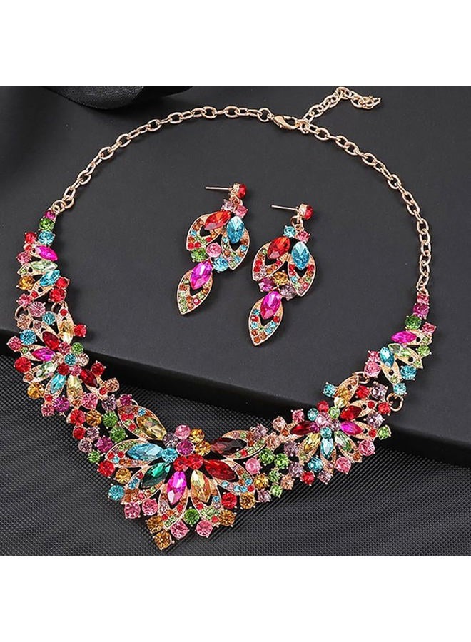 Zthread Women Jewelry Set Rhinestone Crystal Statement Necklace Bride Rib Choker Necklace Floral Beaded Collar Neklcace Cluster Dangle Earrings Set for Wedding Party, One Size, Crystal, Zinc alloy - Image 4