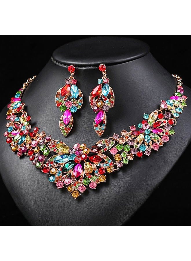 Zthread Women Jewelry Set Rhinestone Crystal Statement Necklace Bride Rib Choker Necklace Floral Beaded Collar Neklcace Cluster Dangle Earrings Set for Wedding Party, One Size, Crystal, Zinc alloy - Image 3