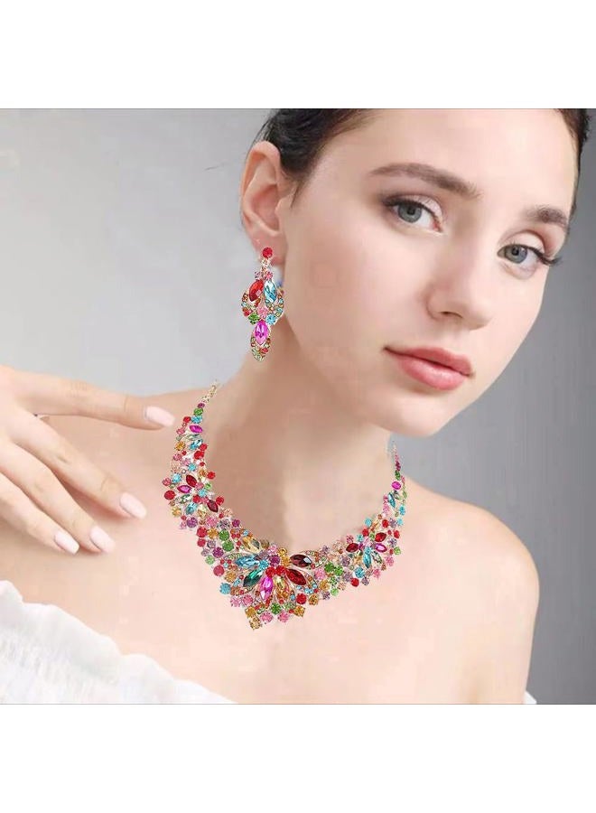 Zthread Women Jewelry Set Rhinestone Crystal Statement Necklace Bride Rib Choker Necklace Floral Beaded Collar Neklcace Cluster Dangle Earrings Set for Wedding Party, One Size, Crystal, Zinc alloy - Image 2