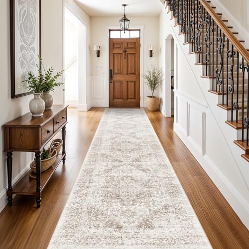 EISUROM Washable 2'6''x12' Runner Rug - Non-Slip Vintage Runner Rug for Entryway Low-Pile Medallion Long Rugs for Hallway Waterproof Traditional Runner Rugs Indoor Thin Rug for Kitchen (Cream/Beige) - Image 1