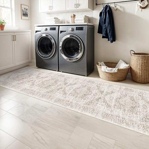 EISUROM Washable 2'6''x12' Runner Rug - Non-Slip Vintage Runner Rug for Entryway Low-Pile Medallion Long Rugs for Hallway Waterproof Traditional Runner Rugs Indoor Thin Rug for Kitchen (Cream/Beige) - Image 3