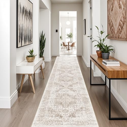EISUROM Washable 2'6''x12' Runner Rug - Non-Slip Vintage Runner Rug for Entryway Low-Pile Medallion Long Rugs for Hallway Waterproof Traditional Runner Rugs Indoor Thin Rug for Kitchen (Cream/Beige) - Image 4