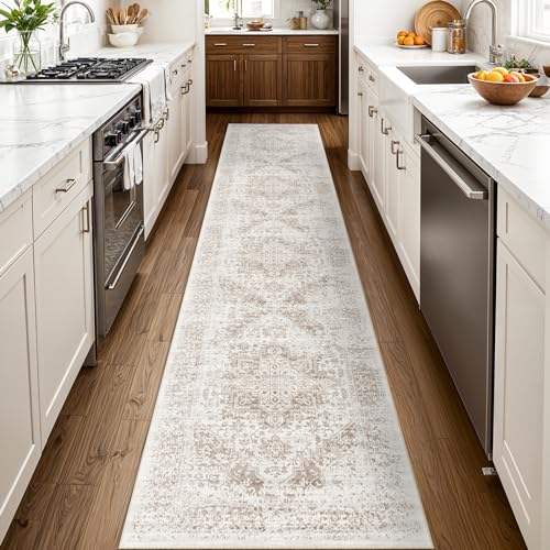 EISUROM Washable 2'6''x12' Runner Rug - Non-Slip Vintage Runner Rug for Entryway Low-Pile Medallion Long Rugs for Hallway Waterproof Traditional Runner Rugs Indoor Thin Rug for Kitchen (Cream/Beige) - Image 2