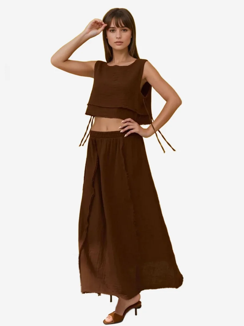 Elastic Waist Skirt-Side Tie Detail Blouse Muslin Set