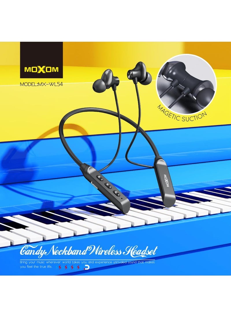 MOXOM - MX-WL54 Wireless Bluetooth 5.0 in-Ear Neckband Earphones with Mic Black - Image 1