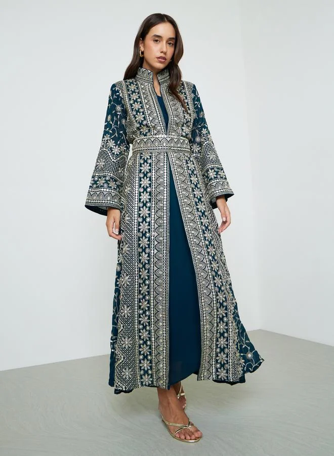 Maxim Creation Blue Threadwork Jalabiya Set with Maxi Dress and Belt