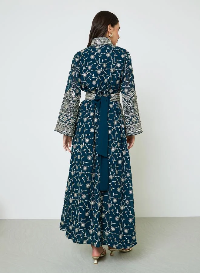 Maxim Creation Blue Blue Threadwork Jalabiya Set with Maxi Dress and Belt for Women | Best Price UAE