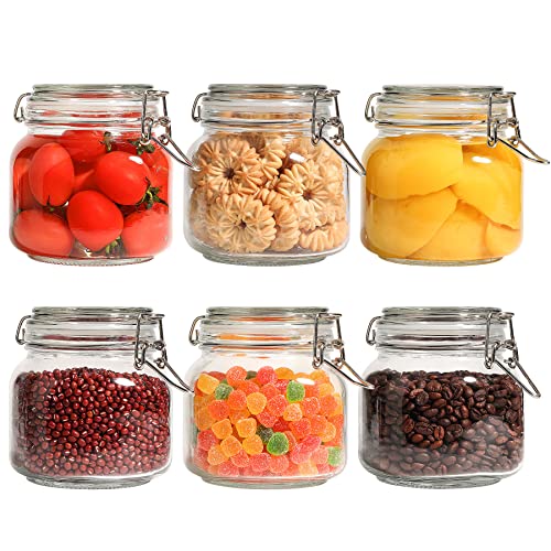ComSaf 25oz Airtight Glass Canisters with Lids Set of 6, Square Food Storage Jar Container with Clamp Lids for Kitchen Canning Cereal Coffee Pasta Sugar Beans Spice, Clear Mason Jars with 12 Labels - Image 1