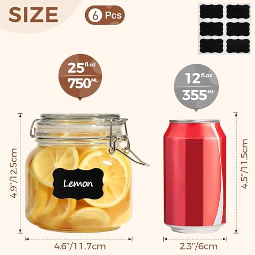 ComSaf 25oz Airtight Glass Canisters with Lids Set of 6, Square Food Storage Jar Container with Clamp Lids for Kitchen Canning Cereal Coffee Pasta Sugar Beans Spice, Clear Mason Jars with 12 Labels - Image 2