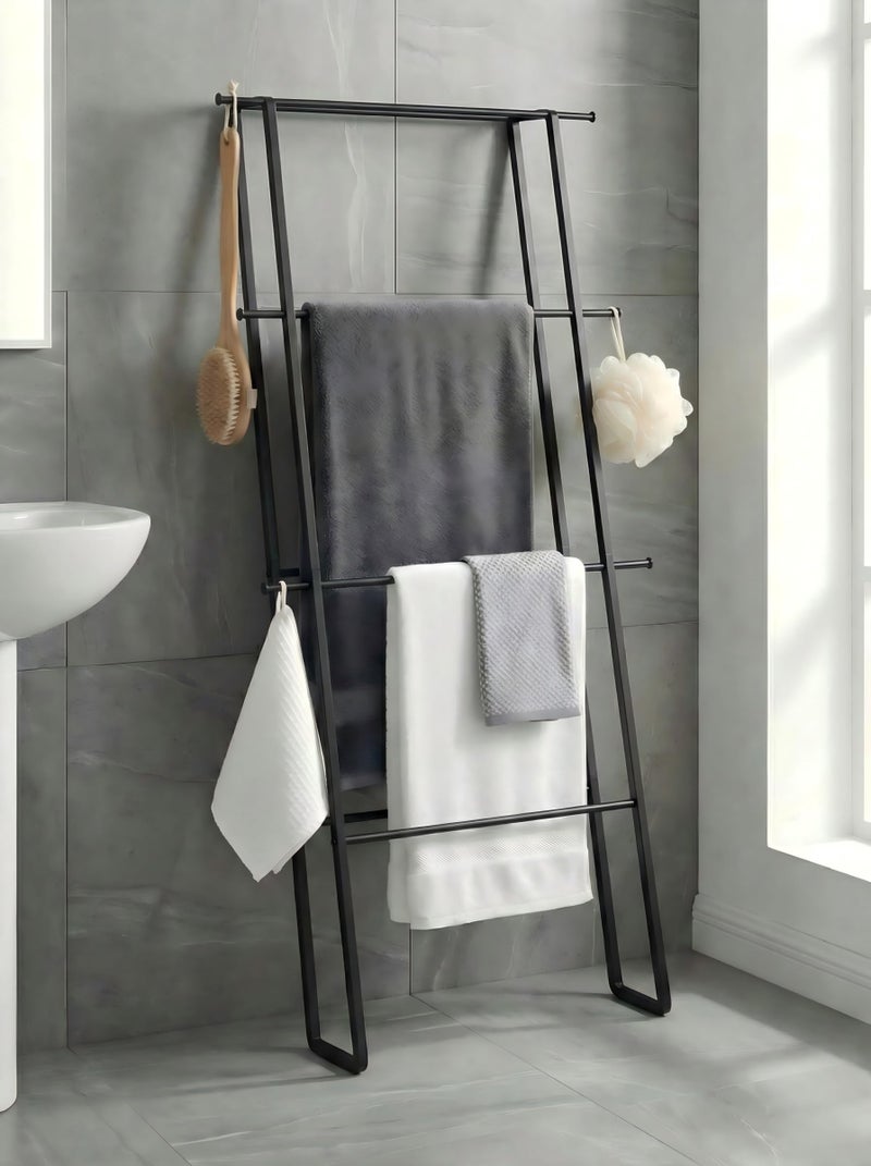 CANYAVE Metal Leaning Ladder Towel Rack, 4-Tier Blanket Stand for Bathroom Living Room, No Drilling Quilt Storage Organizer (Matte Black) - Image 1