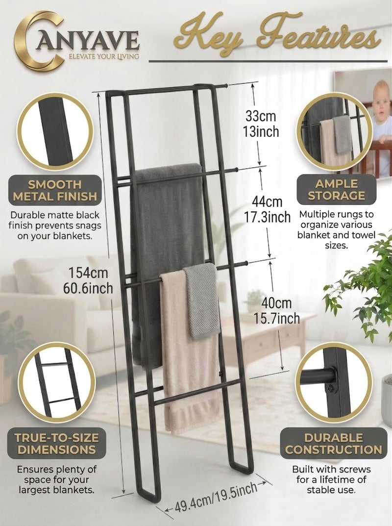 CANYAVE Metal Leaning Ladder Towel Rack, 4-Tier Blanket Stand for Bathroom Living Room, No Drilling Quilt Storage Organizer (Matte Black) - Image 2