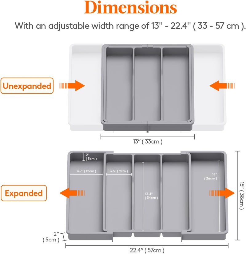 Lifewit Utensil Organizer for Kitchen Drawers, Expandable Cooking Utensil Tray, Adjustable Cutlery Silverware Flatware Holder, Plastic Spatula Tools Storage Divider, 13-22 x 15", Gray - Image 2