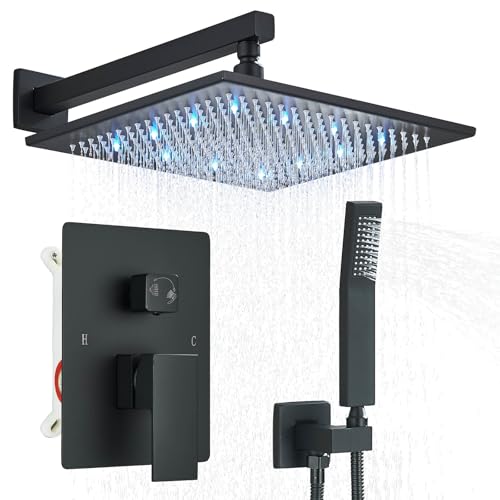Saeuwtowy رأس دش مطري LED بحجم 12 بوصة مع نظام دش يدوي نحاسي مجموعة صنابير الدش كاملة أو جسم صمام التركيب في الحمام والتشطيب متضمن باللون الأسود غير اللامع - Image 1