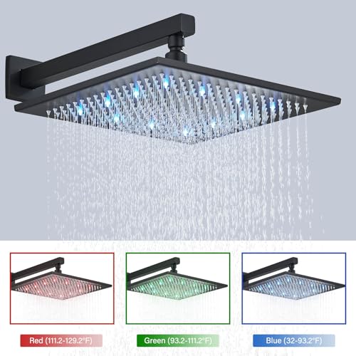 Saeuwtowy رأس دش مطري LED بحجم 12 بوصة مع نظام دش يدوي نحاسي مجموعة صنابير الدش كاملة أو جسم صمام التركيب في الحمام والتشطيب متضمن باللون الأسود غير اللامع - Image 2