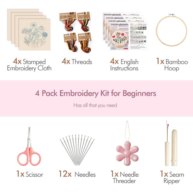 wtisan Embroidery Kit, 4 Sets Embroidery Kit for Beginners with Stamped Flower Pattern, Cross Stitch Starter Kits for Adults Hand Craft Lover with Embroidery Hoop, Instructions and Threads - Image 4