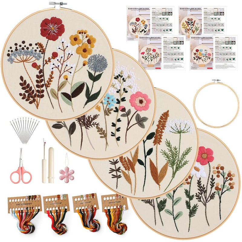 wtisan Embroidery Kit, 4 Sets Embroidery Kit for Beginners with Stamped Flower Pattern, Cross Stitch Starter Kits for Adults Hand Craft Lover with Embroidery Hoop, Instructions and Threads - Image 1