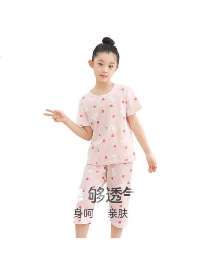 Red Bean Hongdou Children'S Pajamas, Pure Cotton, Thin Summer Style, Air Conditioning Wear, Short-Sleeve Set For Boys And Girls, For Older Children, Home Wear, 3320, Size 150 - Image 3