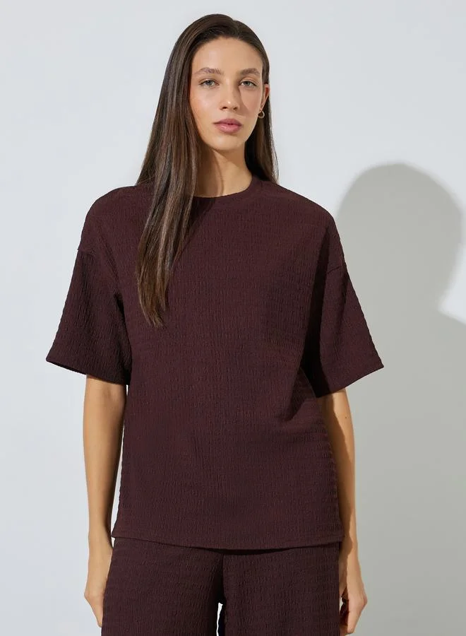 Styli Coffee Brown Textured Top and Wide Leg Trousers Co-ord Set