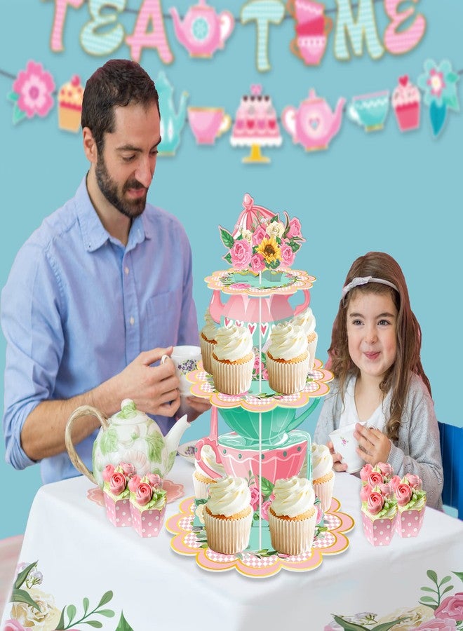 CC HOME Flower Tea Party Cupcake Stand 3 Tier Spring Vintage Teapot Party Cupcake Holder Decorations for Kids Birthday Floral Tea Party Cake Stand Party Baby Shower Wedding Party Supplies - Image 5