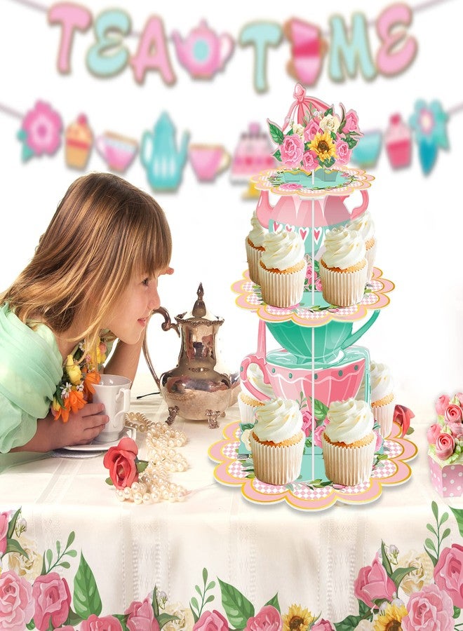 CC HOME Flower Tea Party Cupcake Stand 3 Tier Spring Vintage Teapot Party Cupcake Holder Decorations for Kids Birthday Floral Tea Party Cake Stand Party Baby Shower Wedding Party Supplies - Image 4
