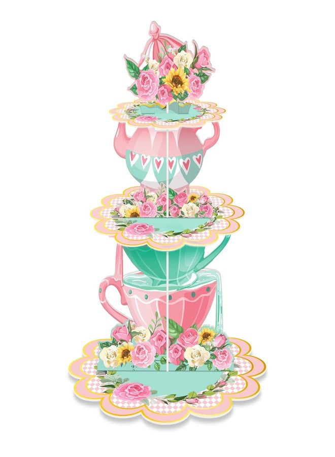 CC HOME Flower Tea Party Cupcake Stand 3 Tier Spring Vintage Teapot Party Cupcake Holder Decorations for Kids Birthday Floral Tea Party Cake Stand Party Baby Shower Wedding Party Supplies - Image 1