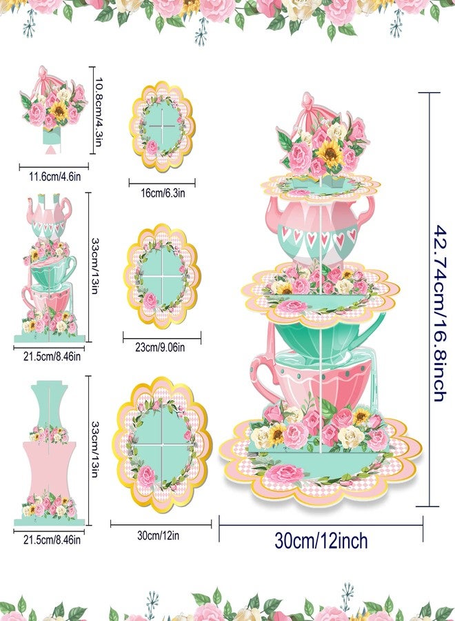 CC HOME Flower Tea Party Cupcake Stand 3 Tier Spring Vintage Teapot Party Cupcake Holder Decorations for Kids Birthday Floral Tea Party Cake Stand Party Baby Shower Wedding Party Supplies - Image 2