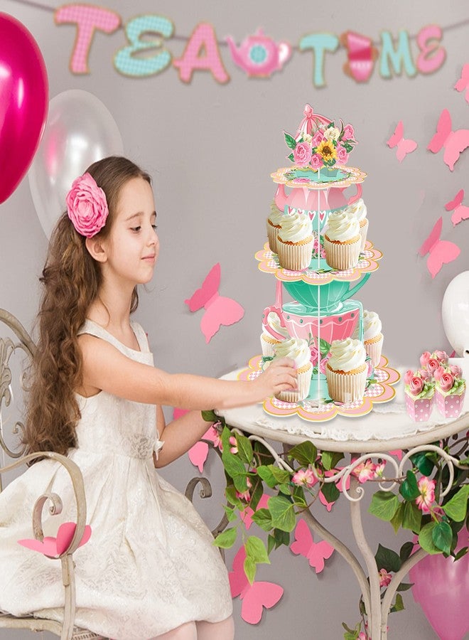 CC HOME Flower Tea Party Cupcake Stand 3 Tier Spring Vintage Teapot Party Cupcake Holder Decorations for Kids Birthday Floral Tea Party Cake Stand Party Baby Shower Wedding Party Supplies - Image 3