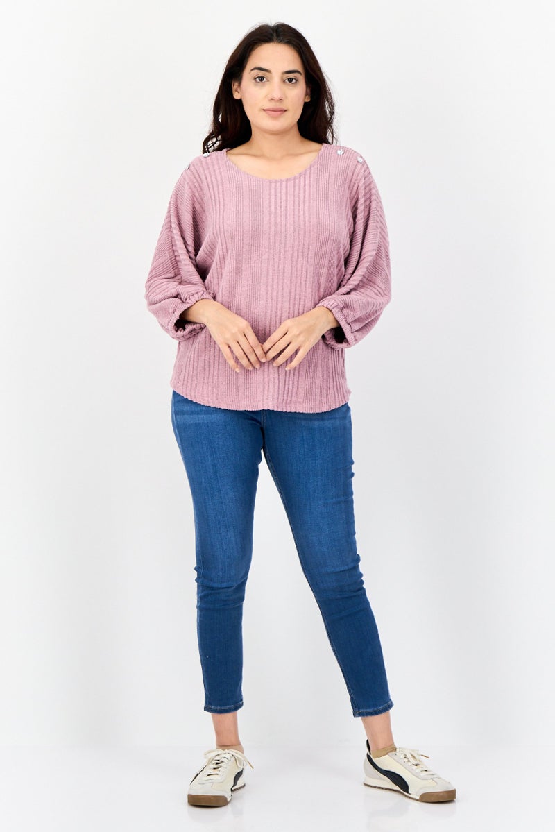 ADRIENNE VITTADINI Women Round Neck Textured Blouse, Mauve - Image 2