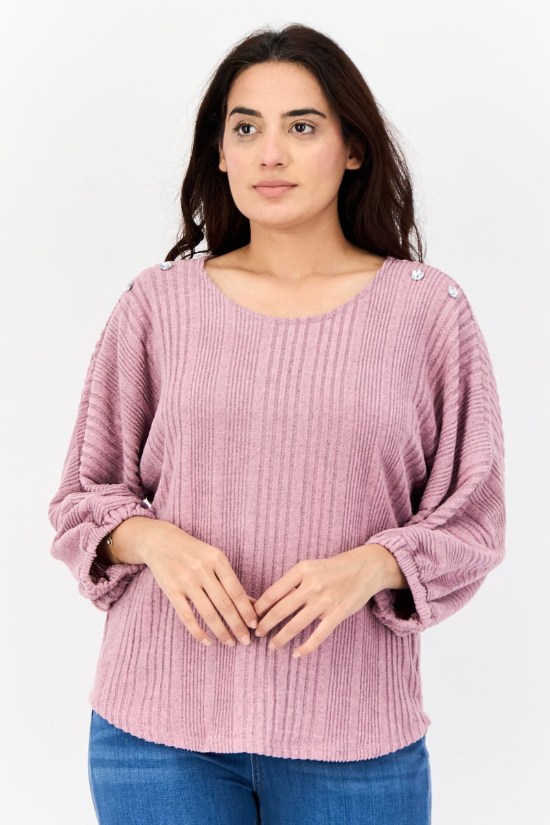 ADRIENNE VITTADINI Women Round Neck Textured Blouse, Mauve - Image 1