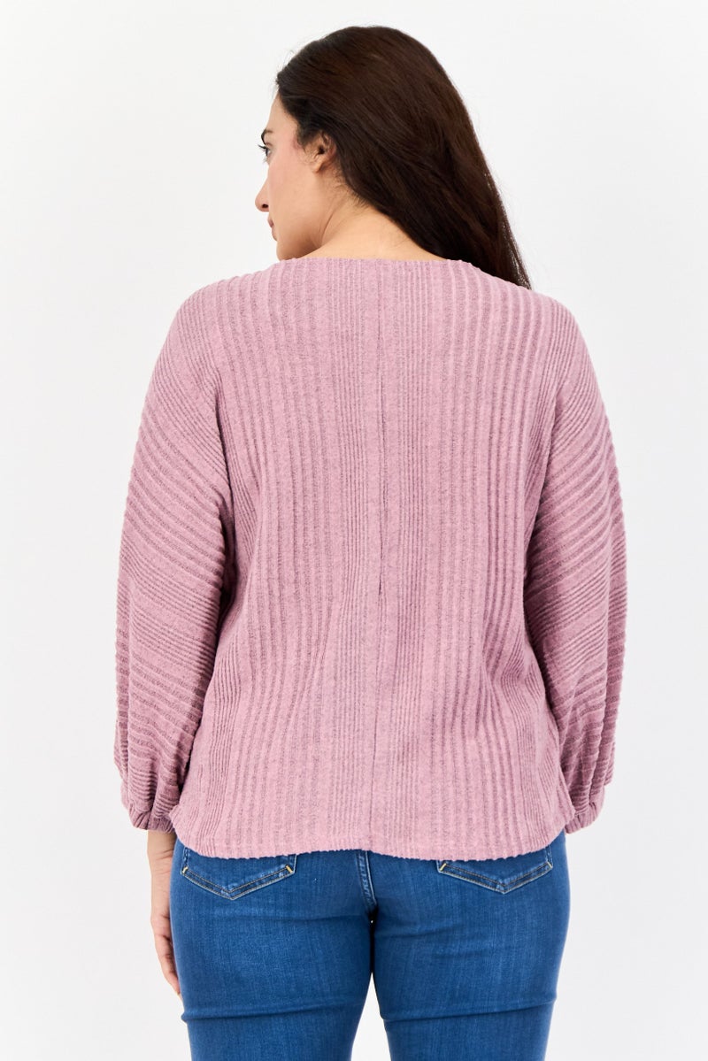 ADRIENNE VITTADINI Women Round Neck Textured Blouse, Mauve - Image 3