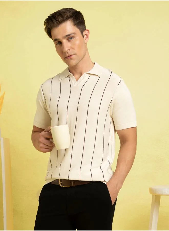 Dennis Lingo Chic Marshmallow Striped Polo T-Shirt for Men with a Jonny collar and vertical 2.5" stripe gaps, made from 100% cotton for a breathable and stylish fit.