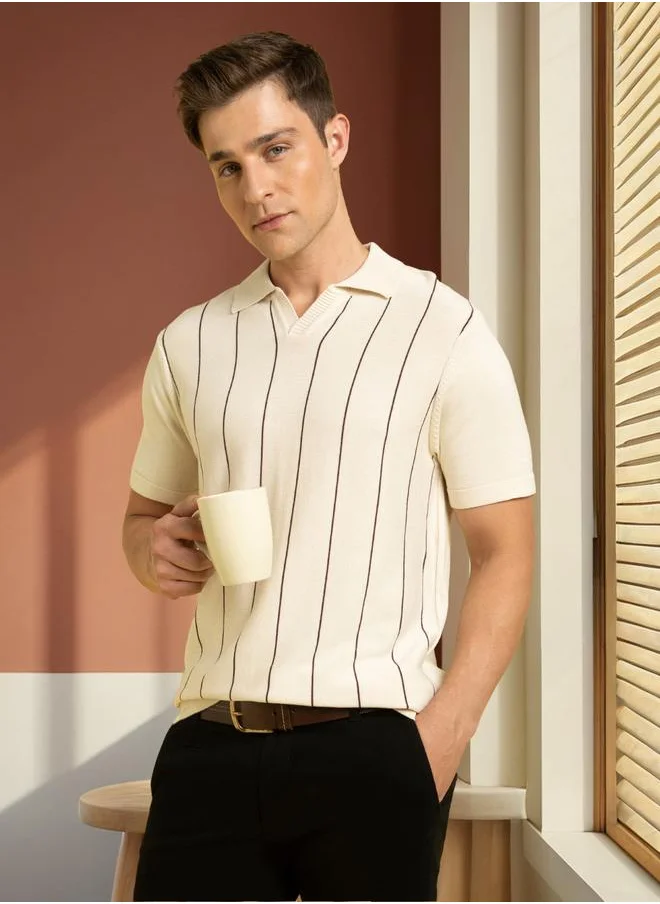 Dennis Lingo Chic Marshmallow Striped Polo T-Shirt for Men with a Jonny collar and vertical 2.5" stripe gaps, made from 100% cotton for a breathable and stylish fit.