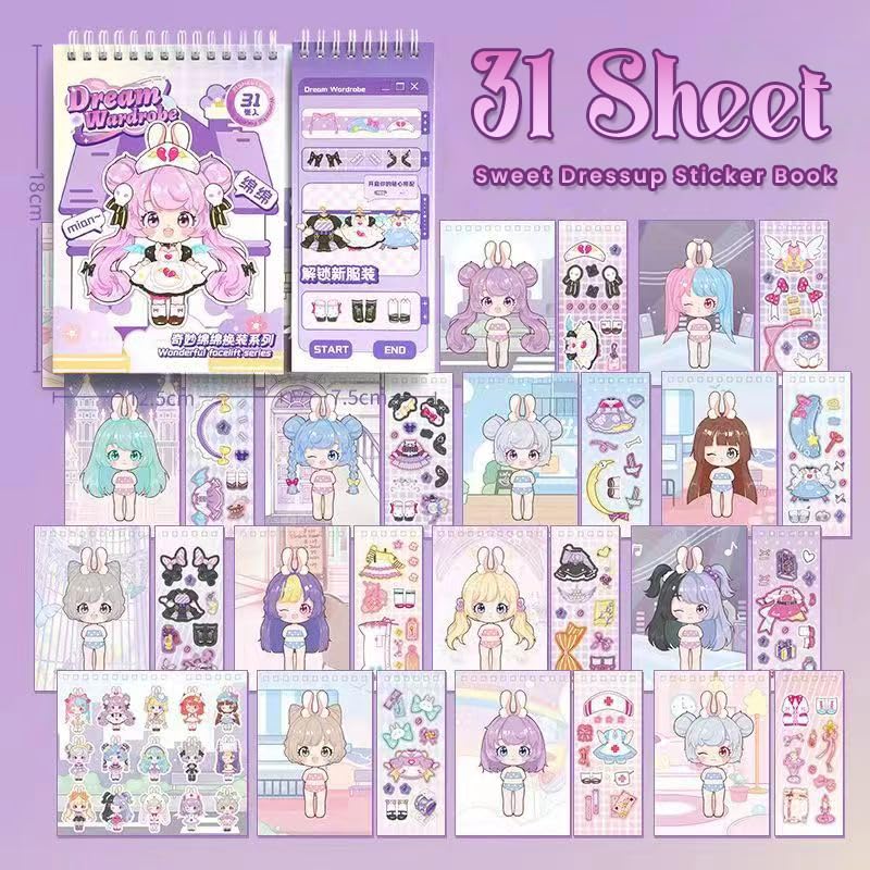 WEMOL 31 Sheets Spiral Activity Book with Reusable Fashion Stickers, DIY Dress Up Sticker Book for Girls, Dress-Up Doll Toy, Creative Craft Gift for Kids (Purple) - Image 2