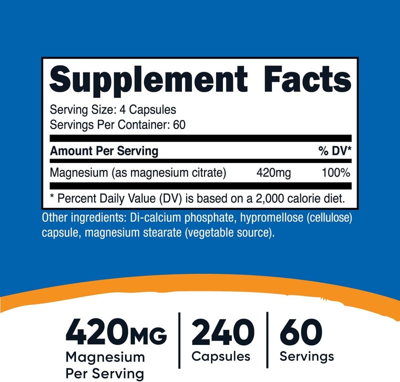 Nutricost Magnesium Citrate 420mg 240 Veggie Capsules  60 Servings Gluten Free NonGMO Vegetarian Friendly - Image 1